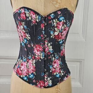 Alivila black pink blue denim floral corset lace up back NWT Bridgerton Small